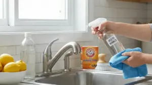 Persona che spruzza aceto bianco sul lavello della cucina per pulire, con panno in microfibra e bicarbonato sullo sfondo