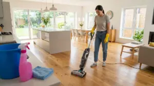 Persona che pulisce il pavimento in legno con una lavapavimenti in un soggiorno luminoso e ordinato