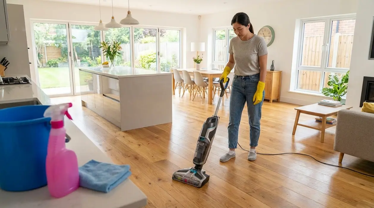 Persona che pulisce il pavimento in legno con una lavapavimenti in un soggiorno luminoso e ordinato