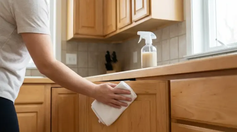 Una persona pulisce uno sportello in legno della cucina con un panno, con spray detergente sul piano di lavoro
