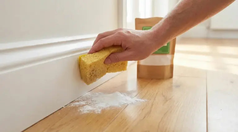 Una persona pulisce il battiscopa con una spugna vicino a un ingrediente naturale in polvere sul pavimento