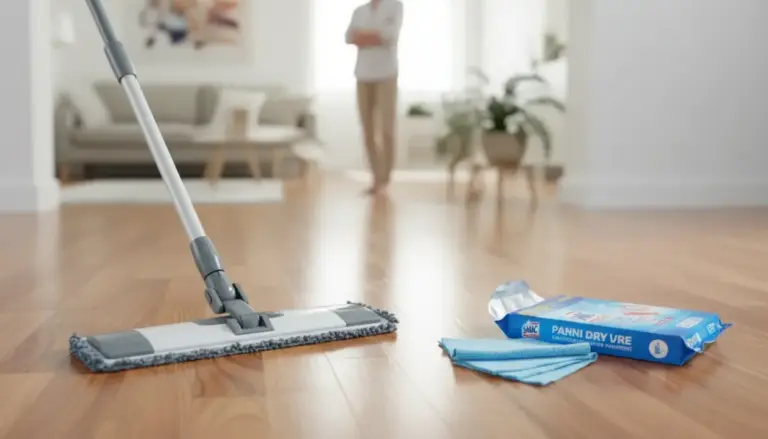 Mocio con panno in microfibra su pavimento in legno, con salviette per pulizia a secco accanto