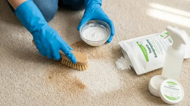 Persona con guanti che strofina una macchia su un tappeto con spazzola e detergente in polvere