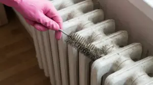 Mano con guanto rosa pulisce un termosifone in ghisa impolverato con una spazzola lunga