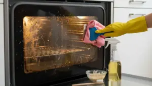 Persona con guanto giallo pulisce il vetro incrostato del forno con spugna e detergente