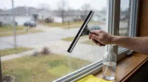 Mano che pulisce un vetro di casa con tergivetro e flacone spray, utile contro aloni e sporco