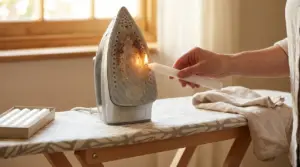 Mano che passa una candela sulla piastra del ferro da stiro per rimuovere residui e sporco