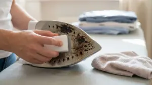 Persona pulisce la piastra incrostata del ferro da stiro con una spugna su un asse da stiro