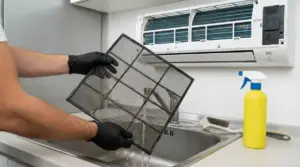 Persona pulisce il filtro del condizionatore sopra il lavello con l’unità interna aperta