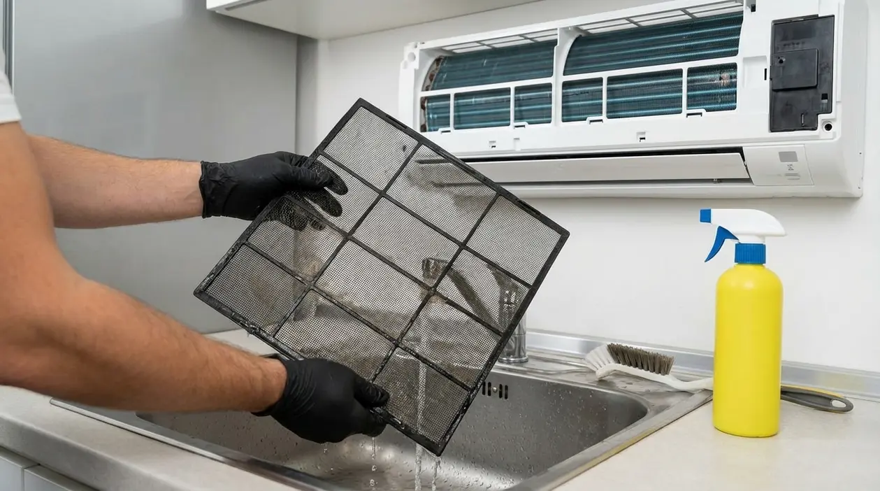 Persona pulisce il filtro del condizionatore sopra il lavello con l’unità interna aperta