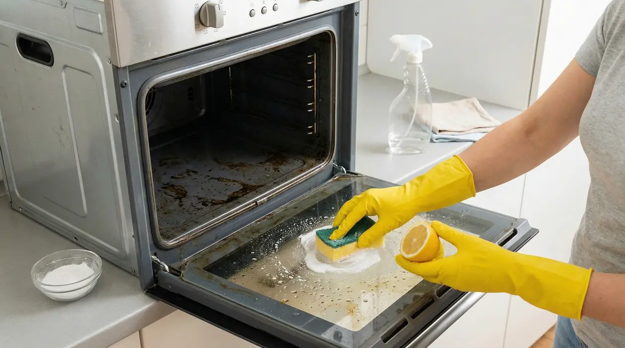 Persona pulisce il forno con limone e bicarbonato, senza detersivi chimici