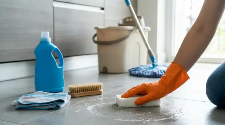 Persona con guanti che pulisce un pavimento in gres porcellanato con spugna e detergente, vicino a secchio e mop