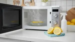 Microonde aperto con ciotola d’acqua e fette di limone che sprigionano vapore per facilitare la pulizia