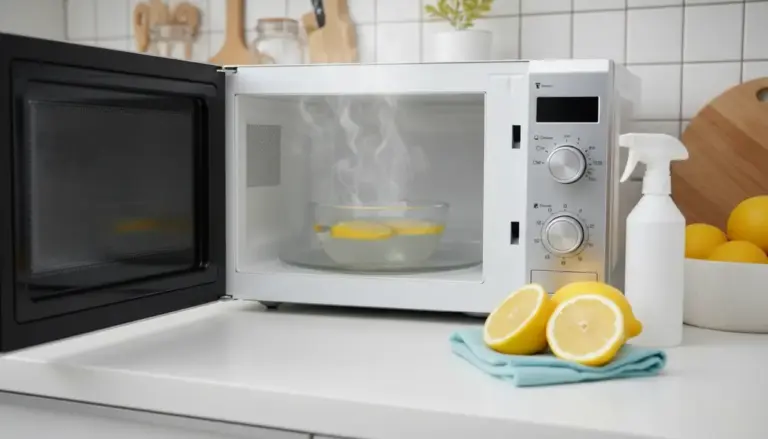 Microonde aperto con ciotola d’acqua e fette di limone che sprigionano vapore per facilitare la pulizia