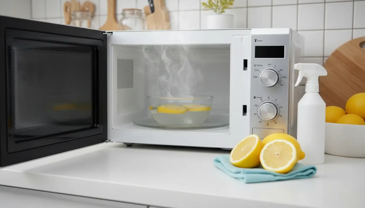 Microonde aperto con ciotola d’acqua e fette di limone che sprigionano vapore per facilitare la pulizia