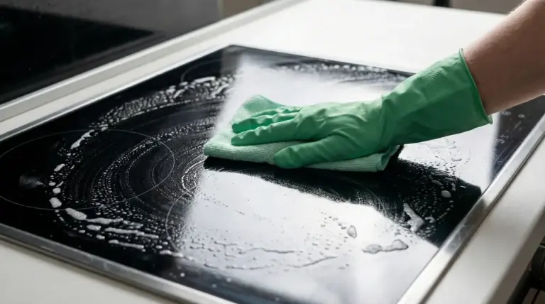 Mano con guanto verde pulisce un piano cottura in vetroceramica con panno in microfibra e detergente