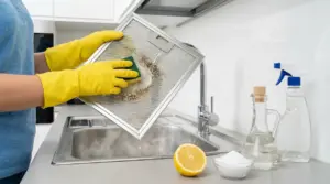 Persona con guanti gialli pulisce il filtro della cappa da grasso sopra il lavello, con limone e aceto sul piano
