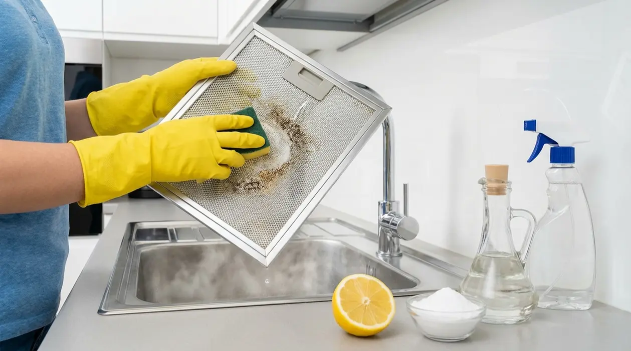 Persona con guanti gialli pulisce il filtro della cappa da grasso sopra il lavello, con limone e aceto sul piano
