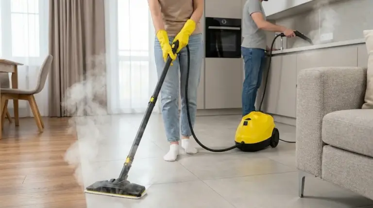 Persona che pulisce il pavimento di casa con una pulitrice a vapore, mentre un'altra igienizza la cucina