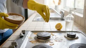 Persona con guanti gialli sparge sale grosso sul piano cottura sporco in cucina durante le pulizie