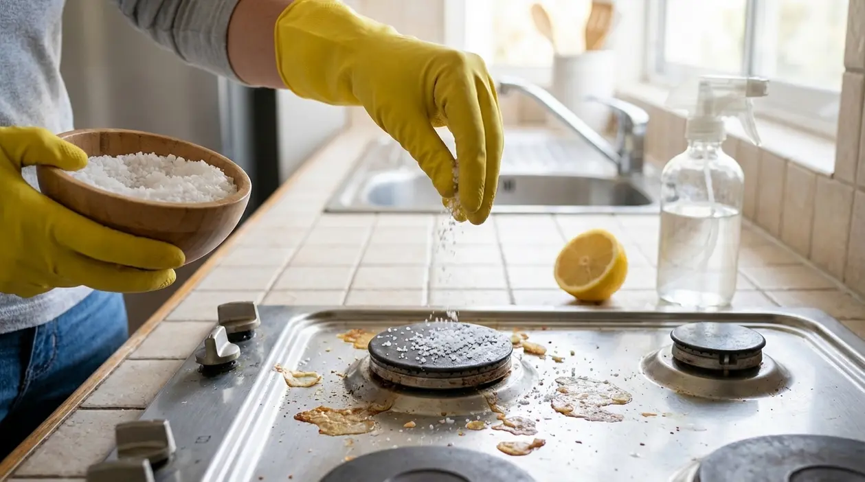 Persona con guanti gialli sparge sale grosso sul piano cottura sporco in cucina durante le pulizie