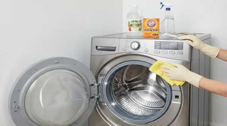 Lavatrice a carica frontale aperta mentre una persona pulisce l’oblò con un panno; prodotti per pulizia sopra