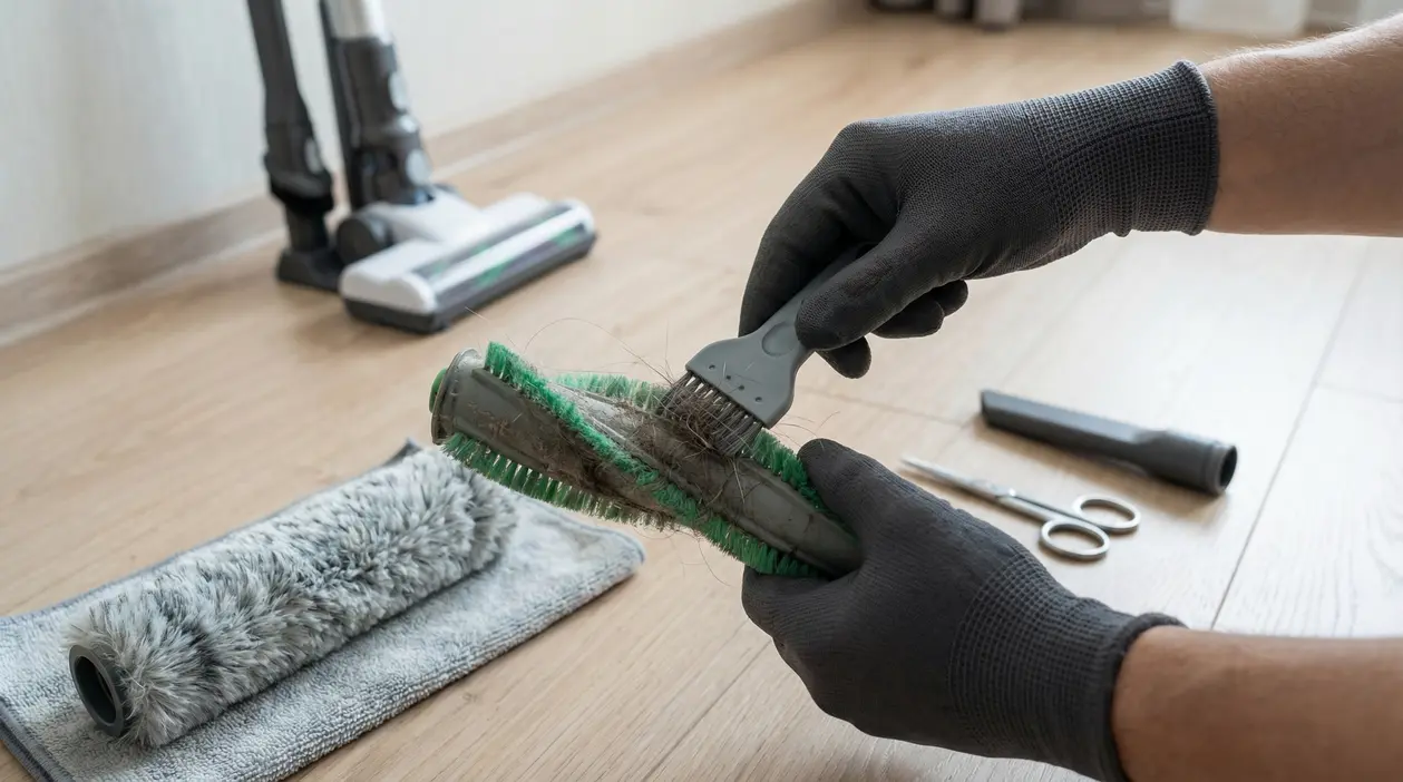 Mani con guanti puliscono la spazzola dell’aspirapolvere rimuovendo capelli e polvere dal rullo sul pavimento