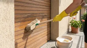Persona con guanti gialli spazzola una persiana esterna in legno con manico lungo, accanto a un secchio con acqua e sapone