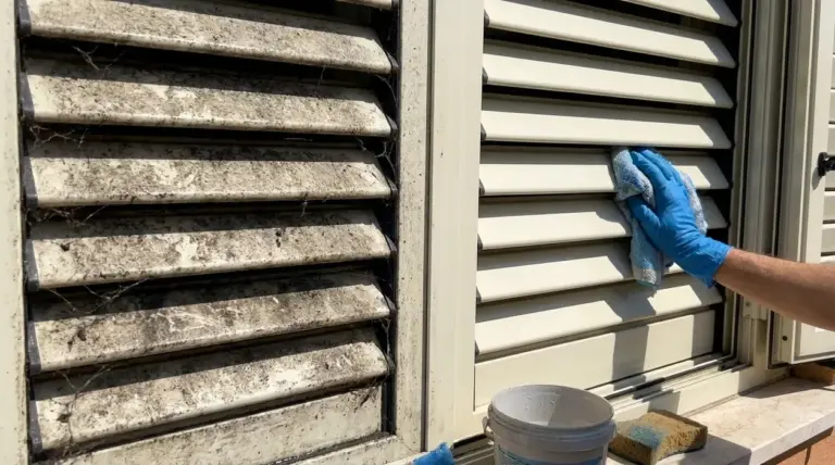 Persiane in plastica prima e dopo la pulizia, con mano che passa un panno sulle lamelle