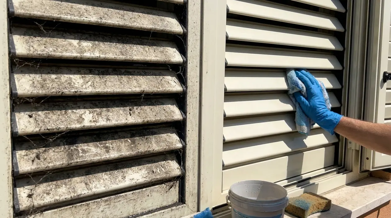 Persiane in plastica prima e dopo la pulizia, con mano che passa un panno sulle lamelle