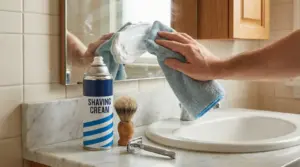 Mano che pulisce lo specchio del bagno con schiuma da barba e panno in microfibra vicino al lavandino