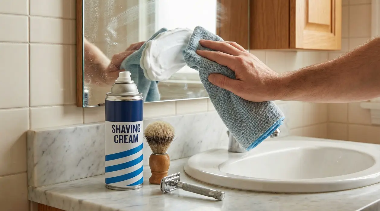 Mano che pulisce lo specchio del bagno con schiuma da barba e panno in microfibra vicino al lavandino