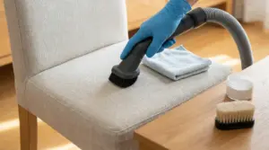 Persona che aspira una sedia imbottita in tessuto con spazzola e aspirapolvere, accanto a panno in microfibra