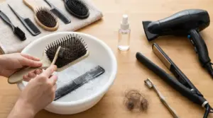 Mani che puliscono una spazzola per capelli su una bacinella con acqua e sapone, con pettini e strumenti per styling sul tavolo