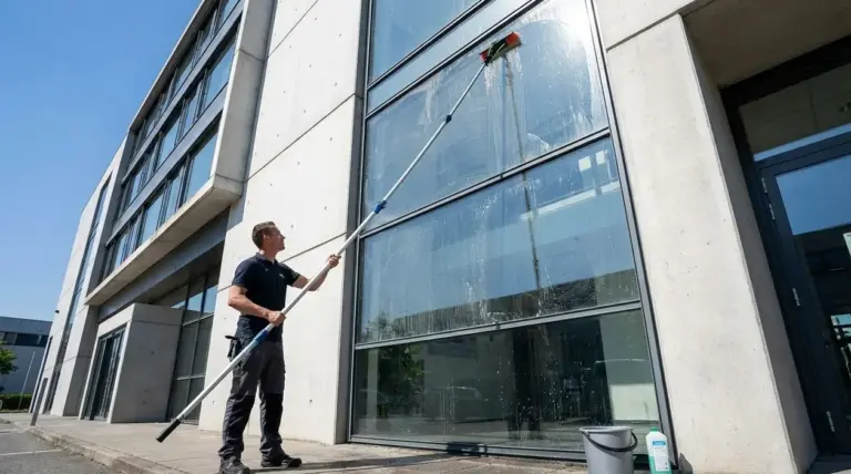 Persona che pulisce grandi vetrate esterne con un’asta telescopica davanti a un edificio moderno