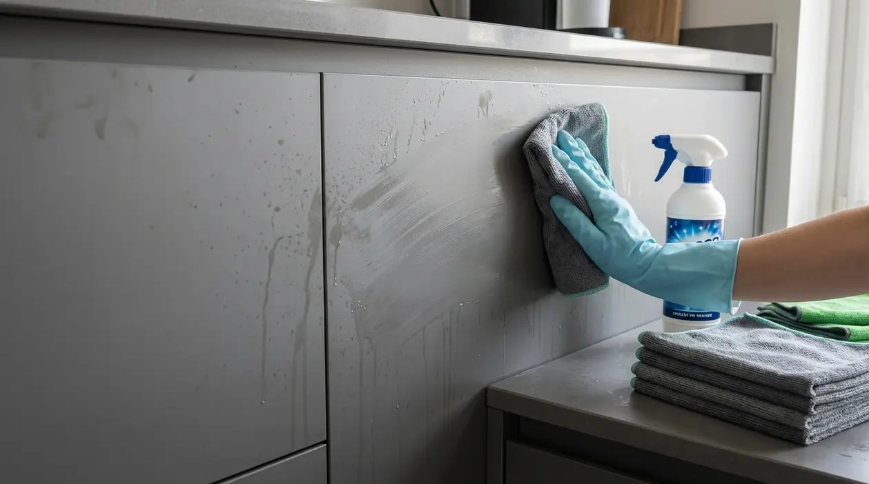 Mano con guanto pulisce un’anta di cucina opaca grigia con panno in microfibra e spray detergente