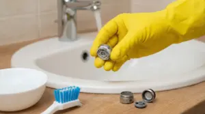 Mano con guanto giallo che mostra il filtrino del rubinetto smontato e incrostato di calcare vicino al lavandino