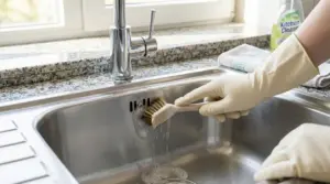 Mano con guanto pulisce il troppo pieno, secondo foro del lavello in acciaio, con una spazzola