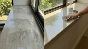 Davanzale in marmo prima sporco e opaco, poi pulito e lucido con una mano che pulisce con un panno