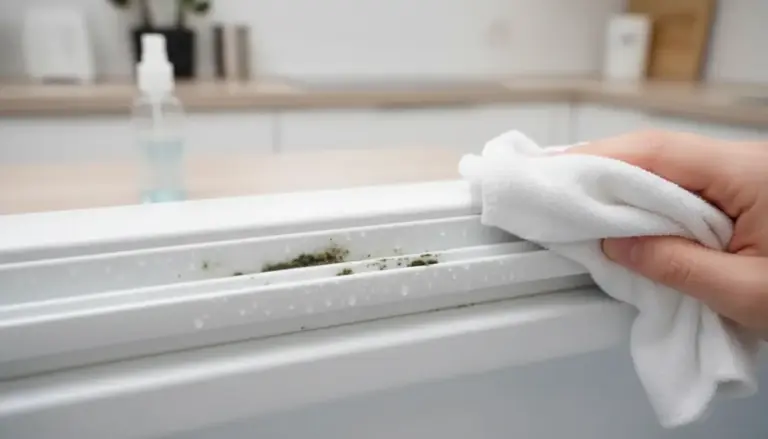 Mano che pulisce una guarnizione del frigorifero con muffa e condensa