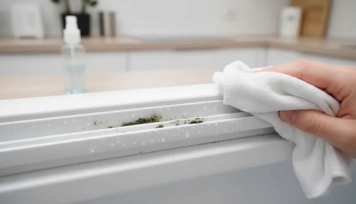 Mano che pulisce una guarnizione del frigorifero con muffa e condensa