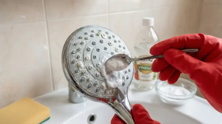 Mani con guanti rossi applicano rimedio naturale al soffione della doccia incrostato di calcare