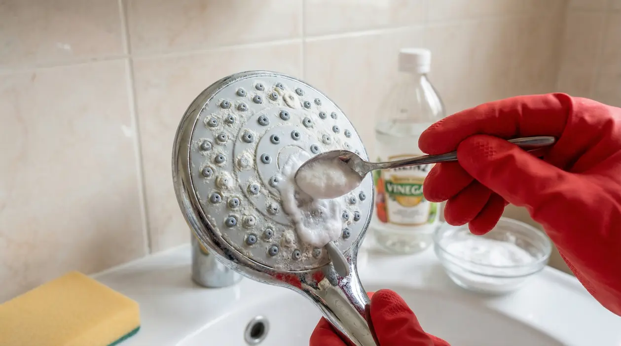 Mani con guanti rossi applicano rimedio naturale al soffione della doccia incrostato di calcare