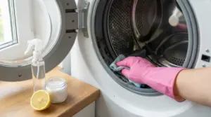 Mano con guanto rosa che pulisce la guarnizione sporca di una lavatrice con un panno