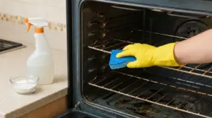 Mano con guanto giallo che pulisce un forno incrostato con una spugna blu