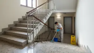 Addetto alle pulizie lava le scale interne di un condominio con secchio e mocio