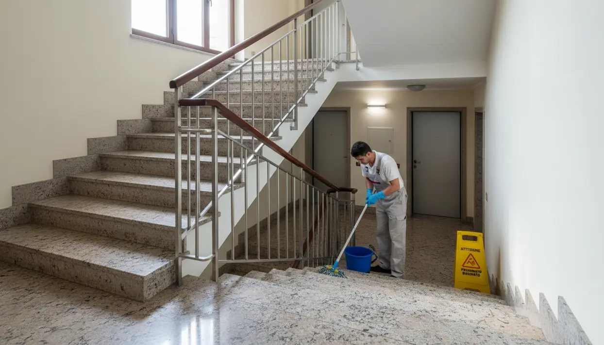 Addetto alle pulizie lava le scale interne di un condominio con secchio e mocio