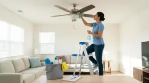 Persona su una scala pulisce il ventilatore a soffitto in salotto con panno e spray detergente