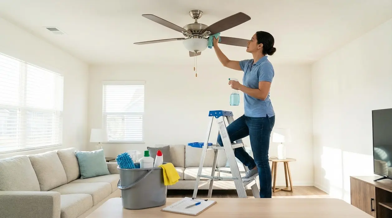 Persona su una scala pulisce il ventilatore a soffitto in salotto con panno e spray detergente