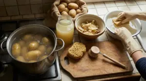 Pulizie in cucina con acqua di patate, spugna e bacinella accanto a patate bollite e bucce